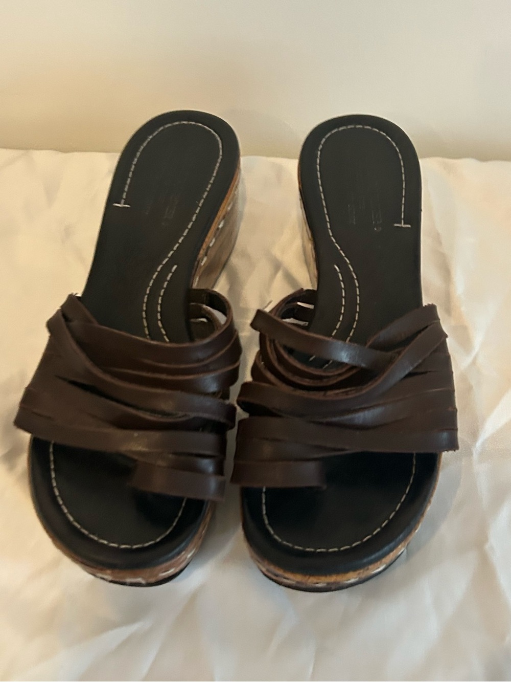 Donald J Pliner Brown Leather Platform Mule Sandals Cork Heel Slides Sz 7.5 - Picture 8 of 10